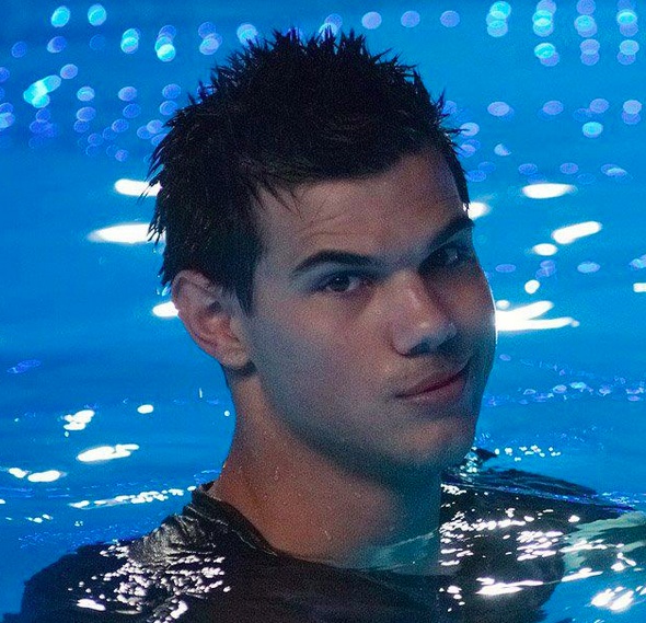 A picture of Taylor Lautner with his hair styled in spikes and with a wet-hairstyle effect